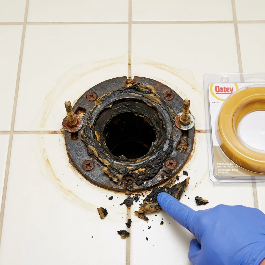 Failed wax ring showing water seepage at the base of a toilet in a Cumberland, RI home