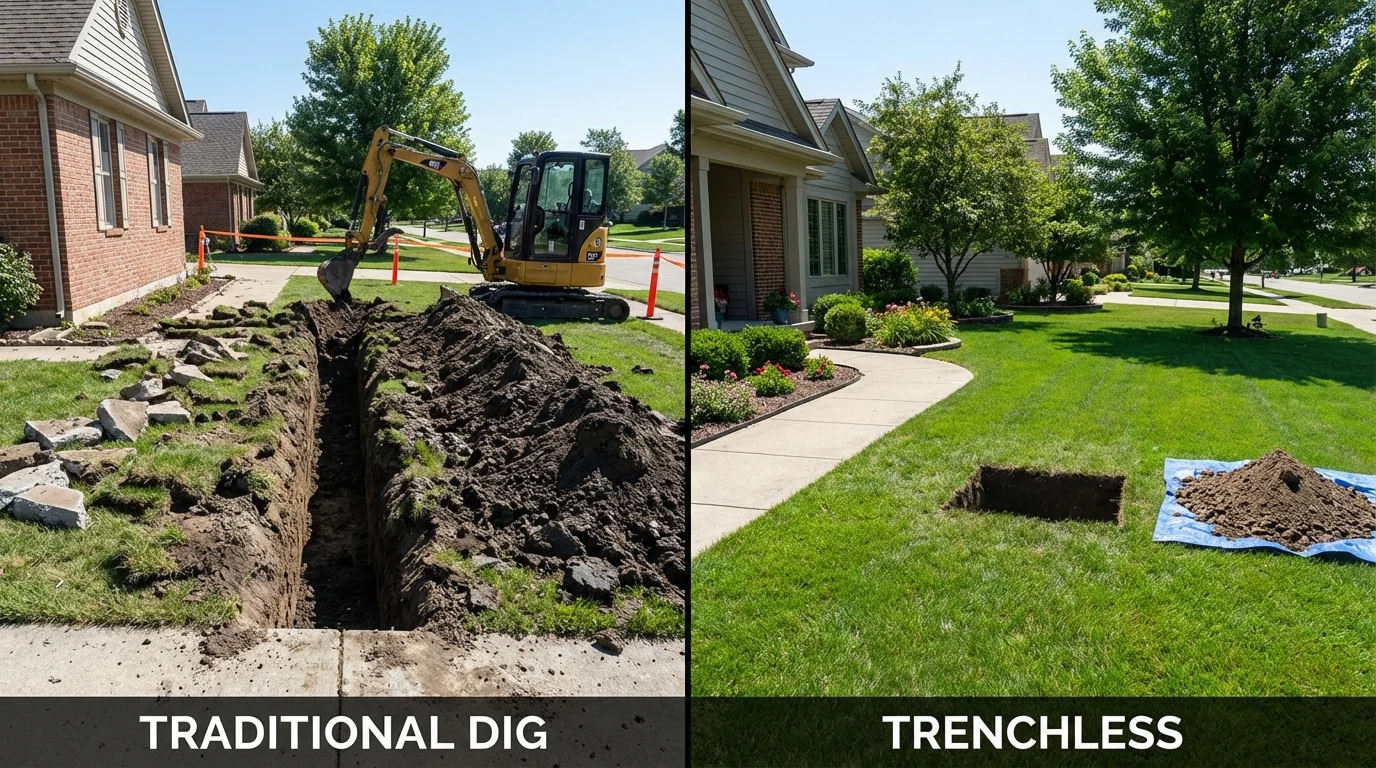 Trenchless sewer repair with minimal yard damage versus traditional excavation in Cumberland, RI