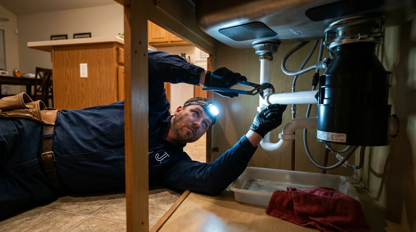 P-trap and supply line connections under a kitchen sink showing a common leak point in Cumberland, RI